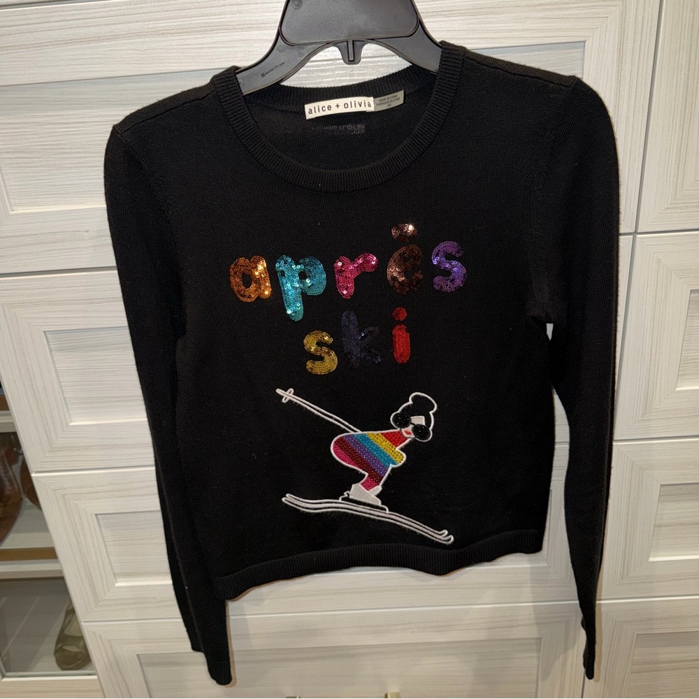 Alice and Olivia Connie Embellished Black Sweater Sequin Apres Ski Small - Picture 3 of 8